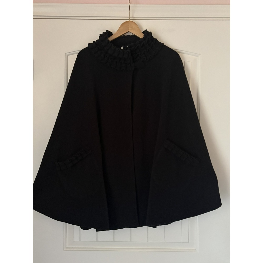 Womens Black Fleece Ruffle Collar Cape Coat Front Pocket Poncho Wrap One Size